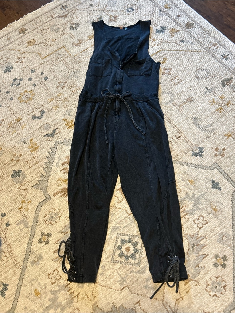 Free People Sleeveless Black Tie-Waist Utility Jumpsuit